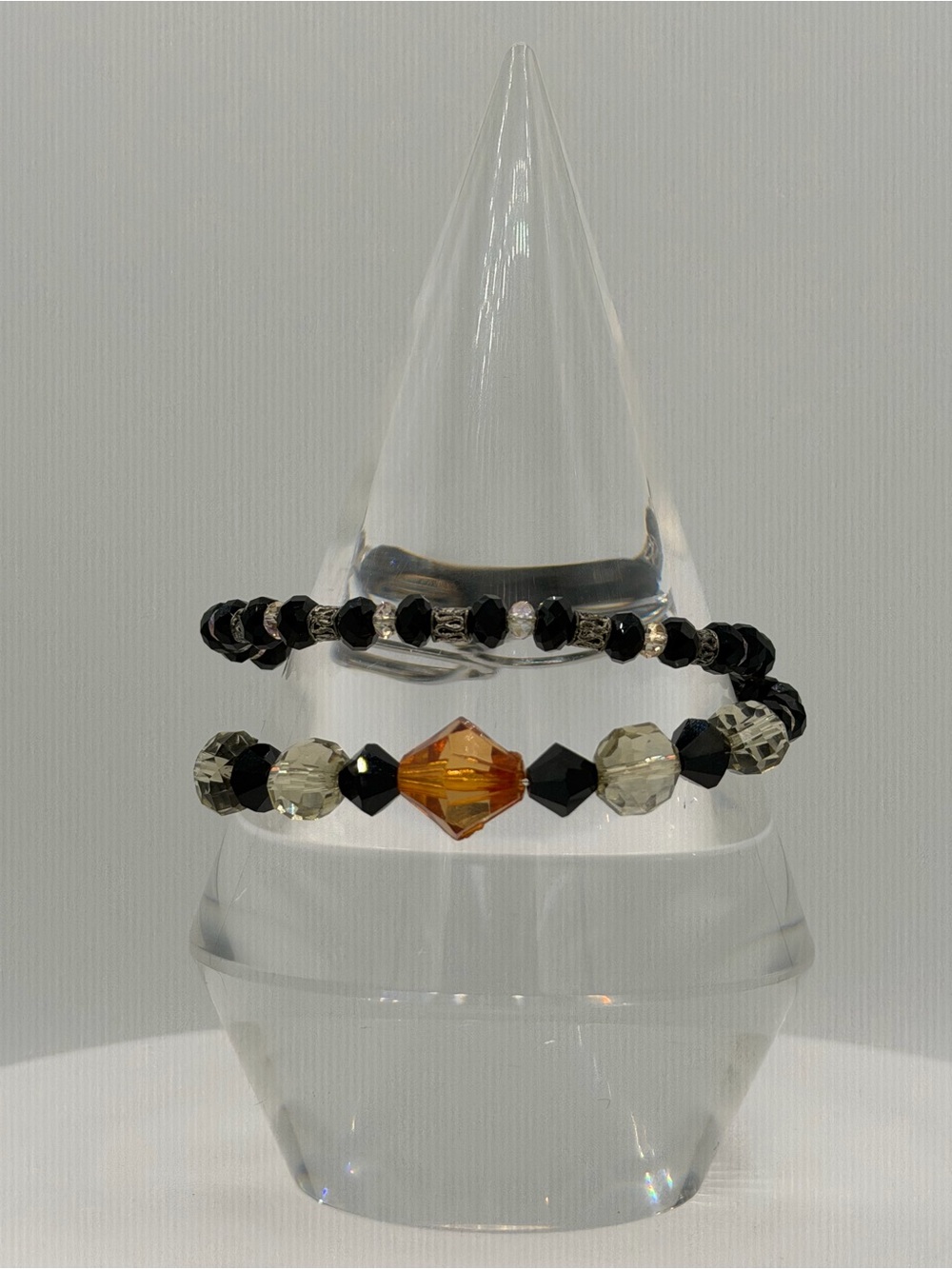 Artesian Memory Wire Wrap Bracelet Black Clear Orange Glass Bead Womans Jewelry